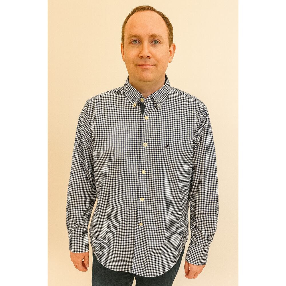 NWOT nautica preppy Navy blue check long sleeve dress shirt XL classic fit
